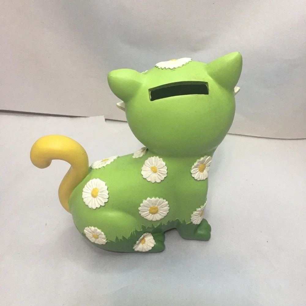 Daisy Green & Yellow Cat Coin Bank With Stopper Flowers Cute Hard Plastic